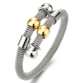 Ladies Stainless Steel Cuff Bangle Bracelet with Silver Gold Two-Tone Charms Polished