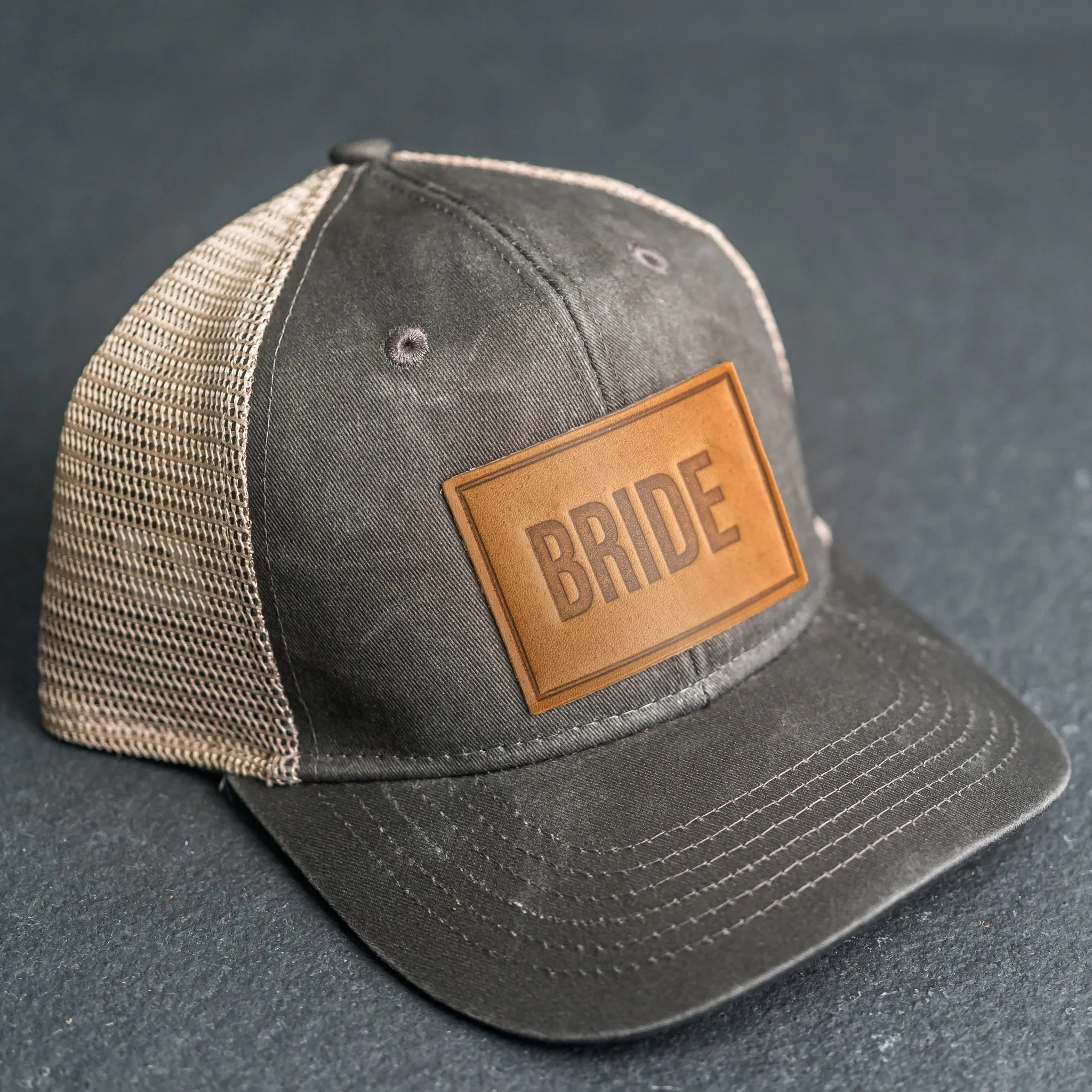 Leather Patch Ponytail Style Hat - Bride Stamp (block)