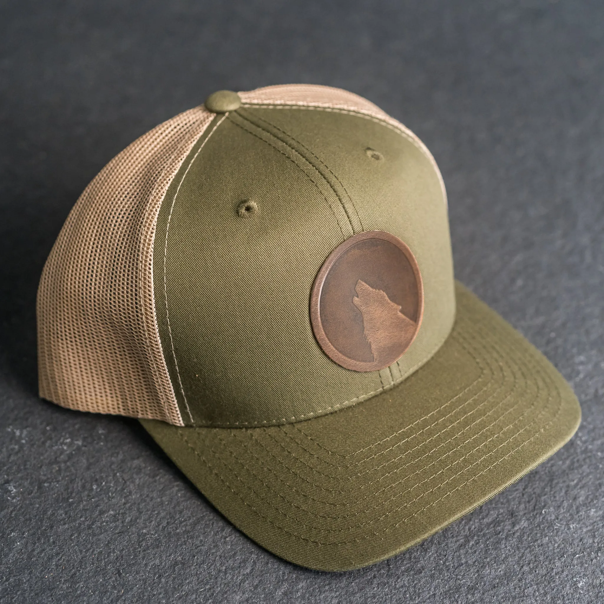 Leather Patch Trucker Style Hat - Wolf Stamp