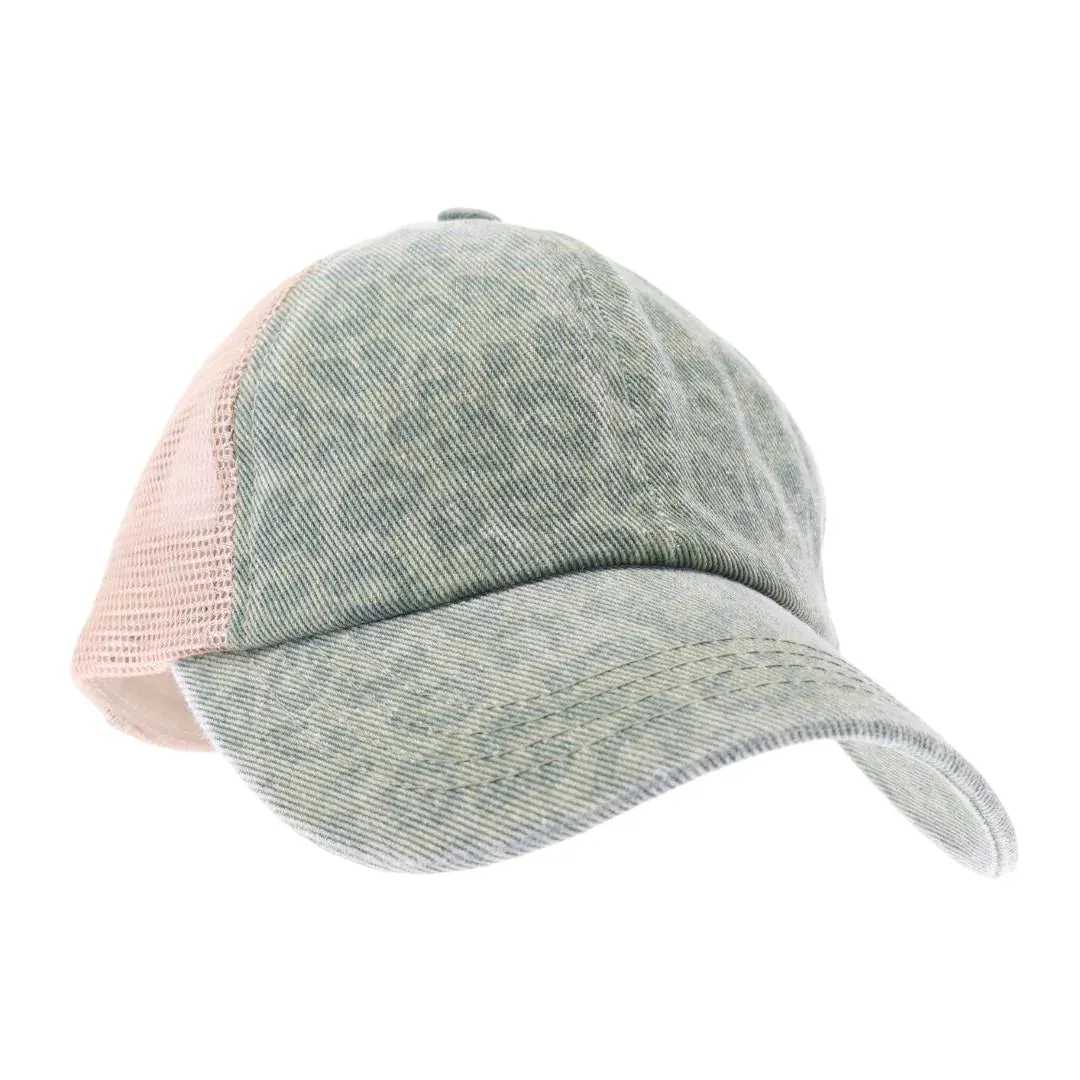 LEOPARD DENIM HIGH PONYTAIL CAP