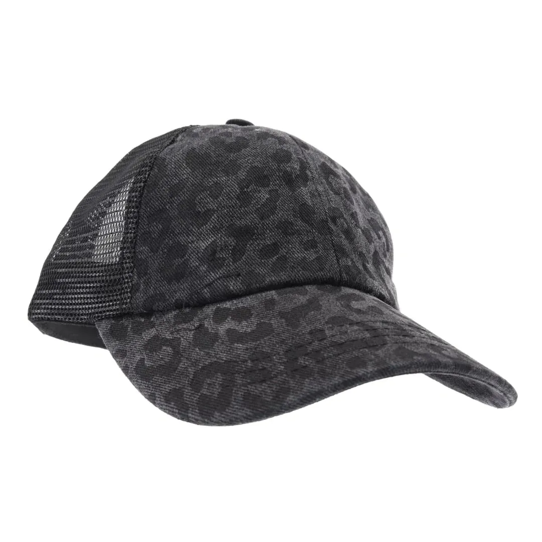 LEOPARD DENIM HIGH PONYTAIL CAP