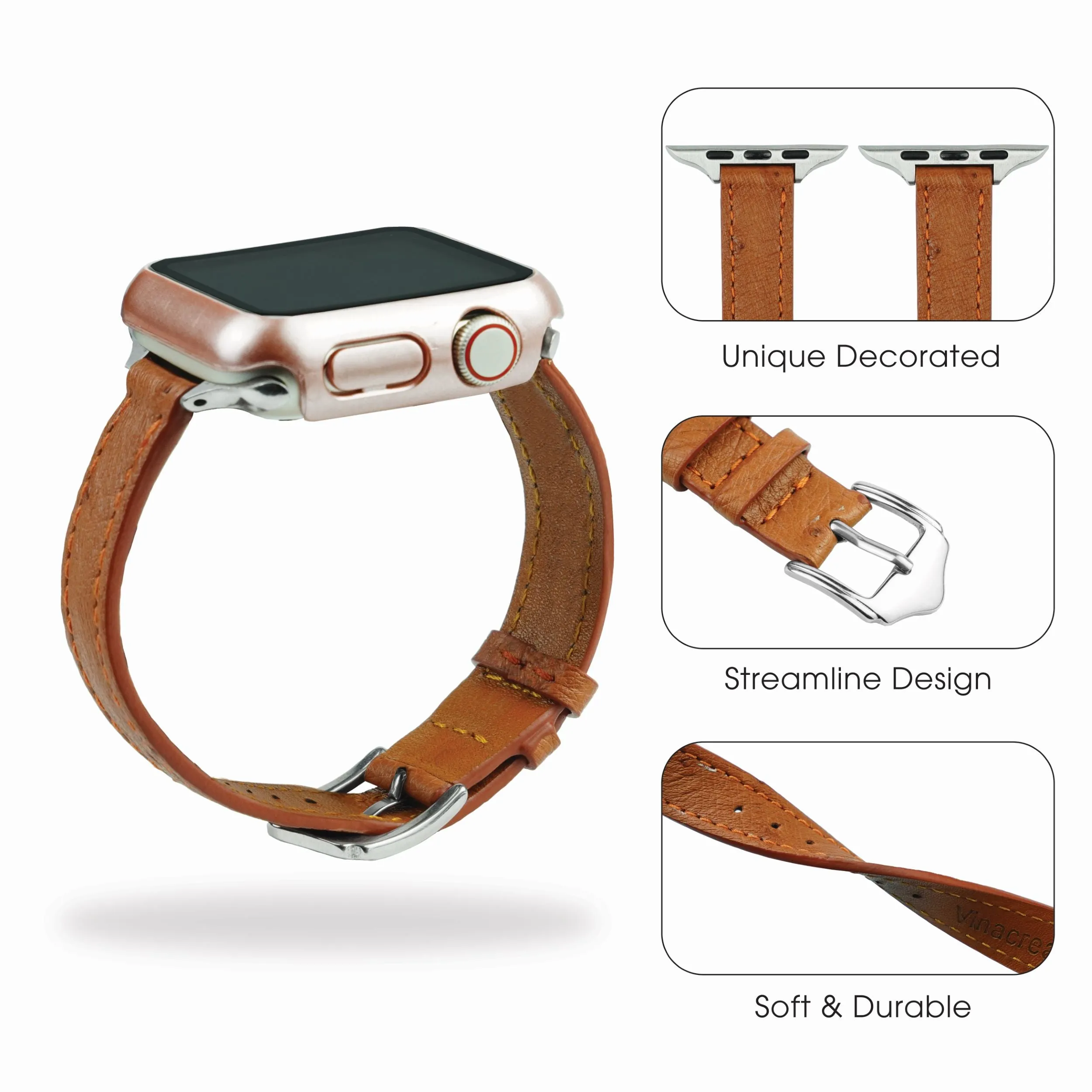 Light Brown Flat Ostrich Leather Band Compatible Apple Watch Iwatch 38mm Screen Protector Case Silver Adapter Replacement Strap For Smartwatch Series 1 2 3 Leather Handmade AW-186S-W-38MM