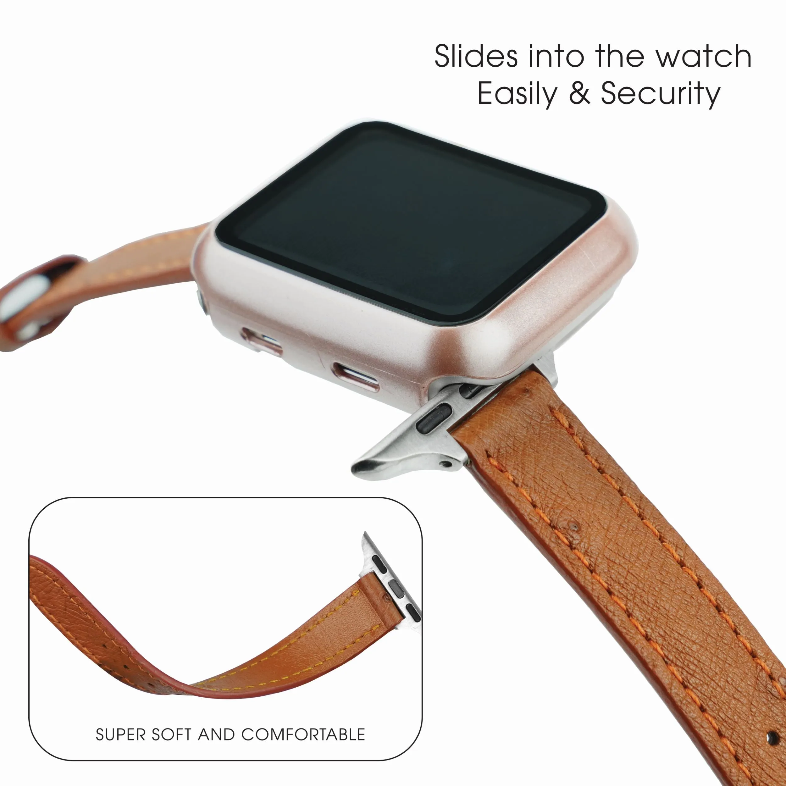 Light Brown Flat Ostrich Leather Band Compatible Apple Watch Iwatch 38mm Screen Protector Case Silver Adapter Replacement Strap For Smartwatch Series 1 2 3 Leather Handmade AW-186S-W-38MM