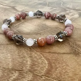 Love is All Around You: Rhodochrosite, Rose Quartz, Smoky Quartz, Silver Beaded Bracelet