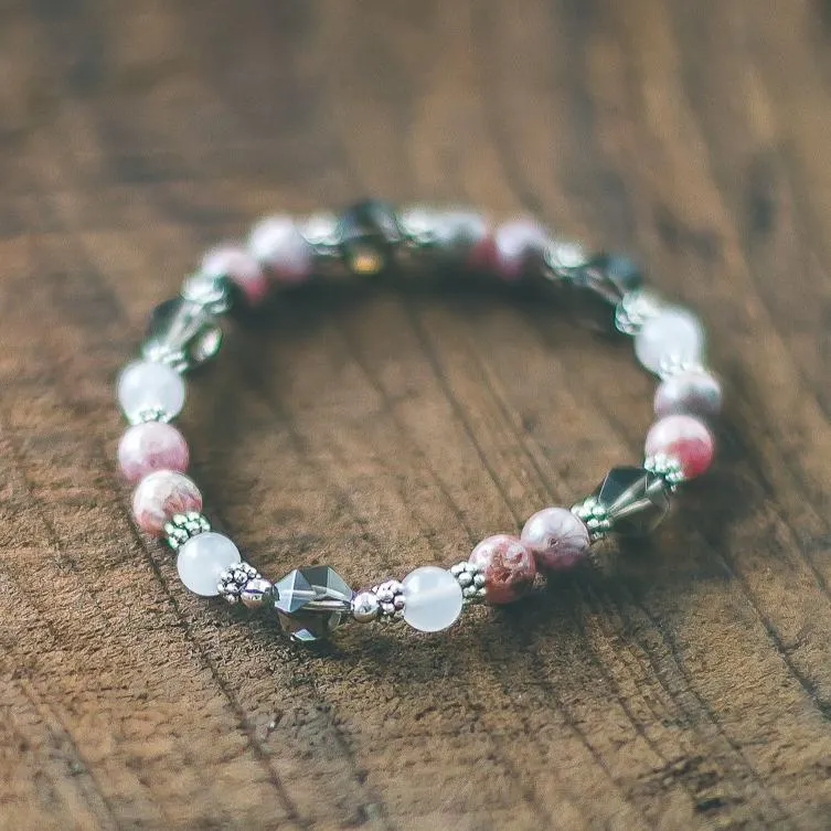 Love is All Around You: Rhodochrosite, Rose Quartz, Smoky Quartz, Silver Beaded Bracelet