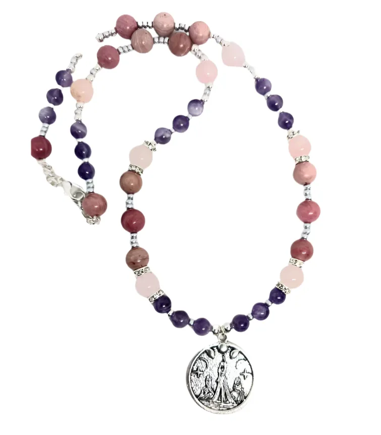 Maiden Mother Crone Necklace with Rhodochrosite and Dream Amethyst Crystal