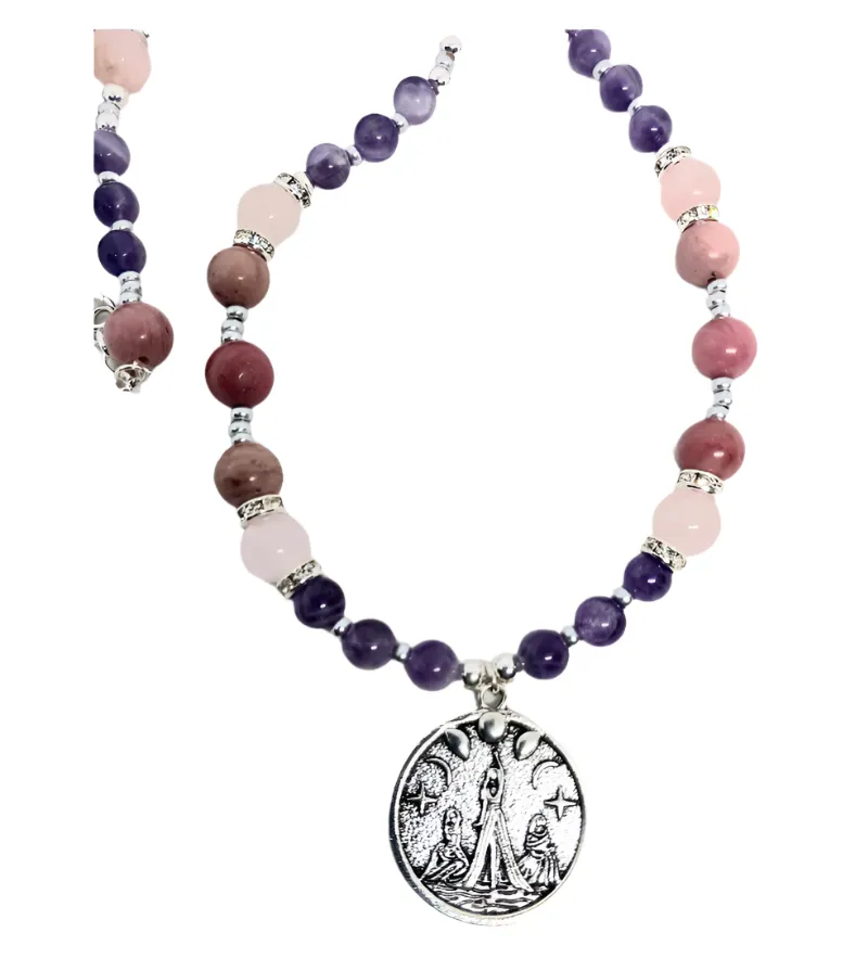 Maiden Mother Crone Necklace with Rhodochrosite and Dream Amethyst Crystal