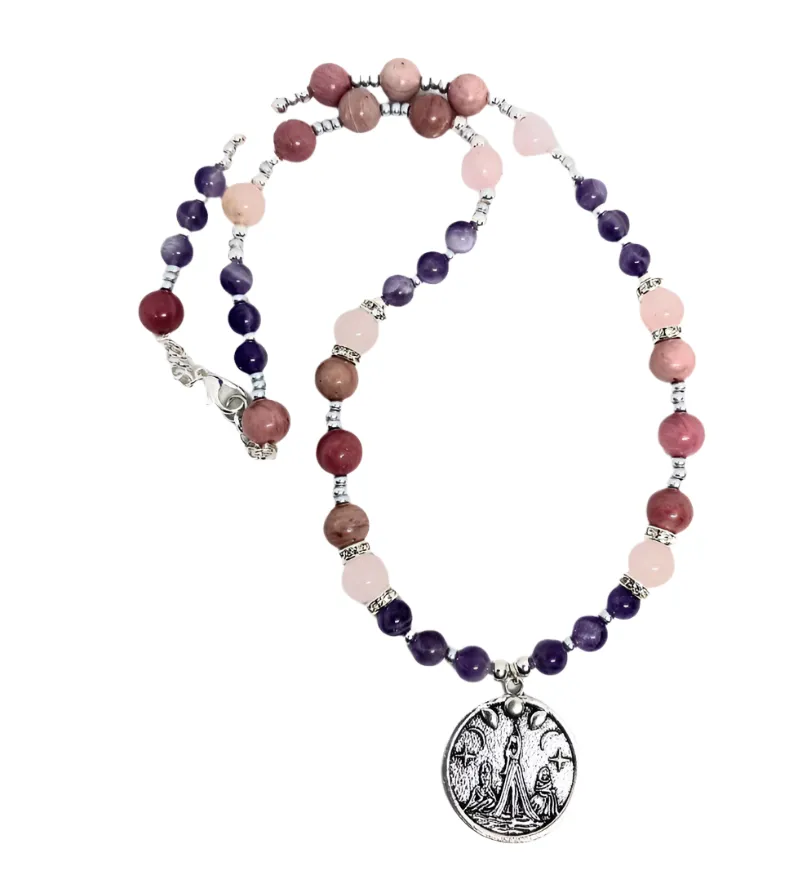 Maiden Mother Crone Necklace with Rhodochrosite and Dream Amethyst Crystal