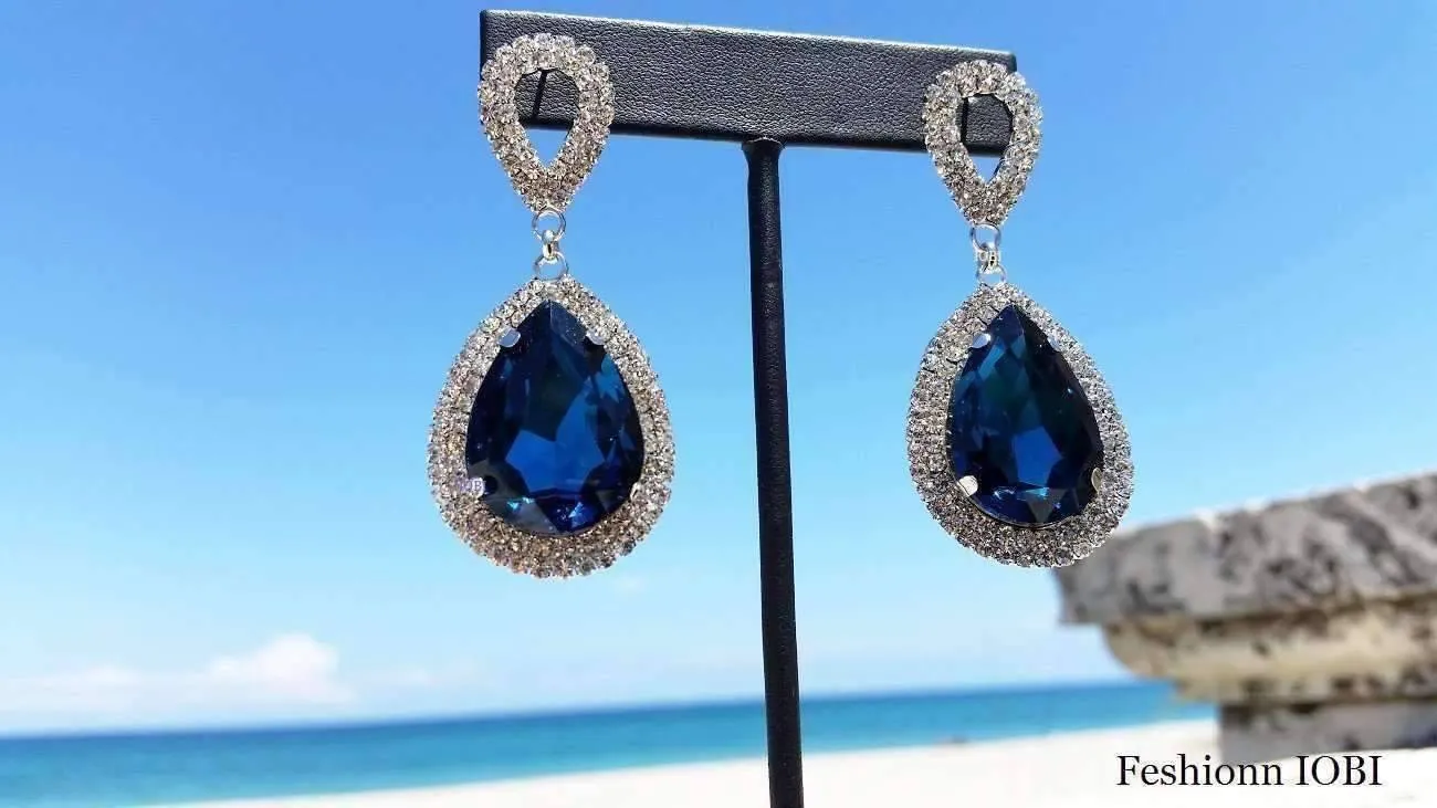 Midnight Sapphire Blue Double Teardrop Stud Earrings for Women