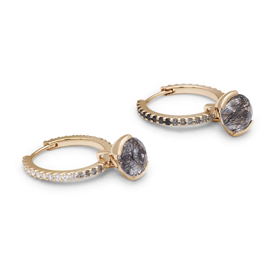 Ombre Eternity Hoops - Yellow Gold, White, Grey, Black Diamonds & Black Rutilated Quartz