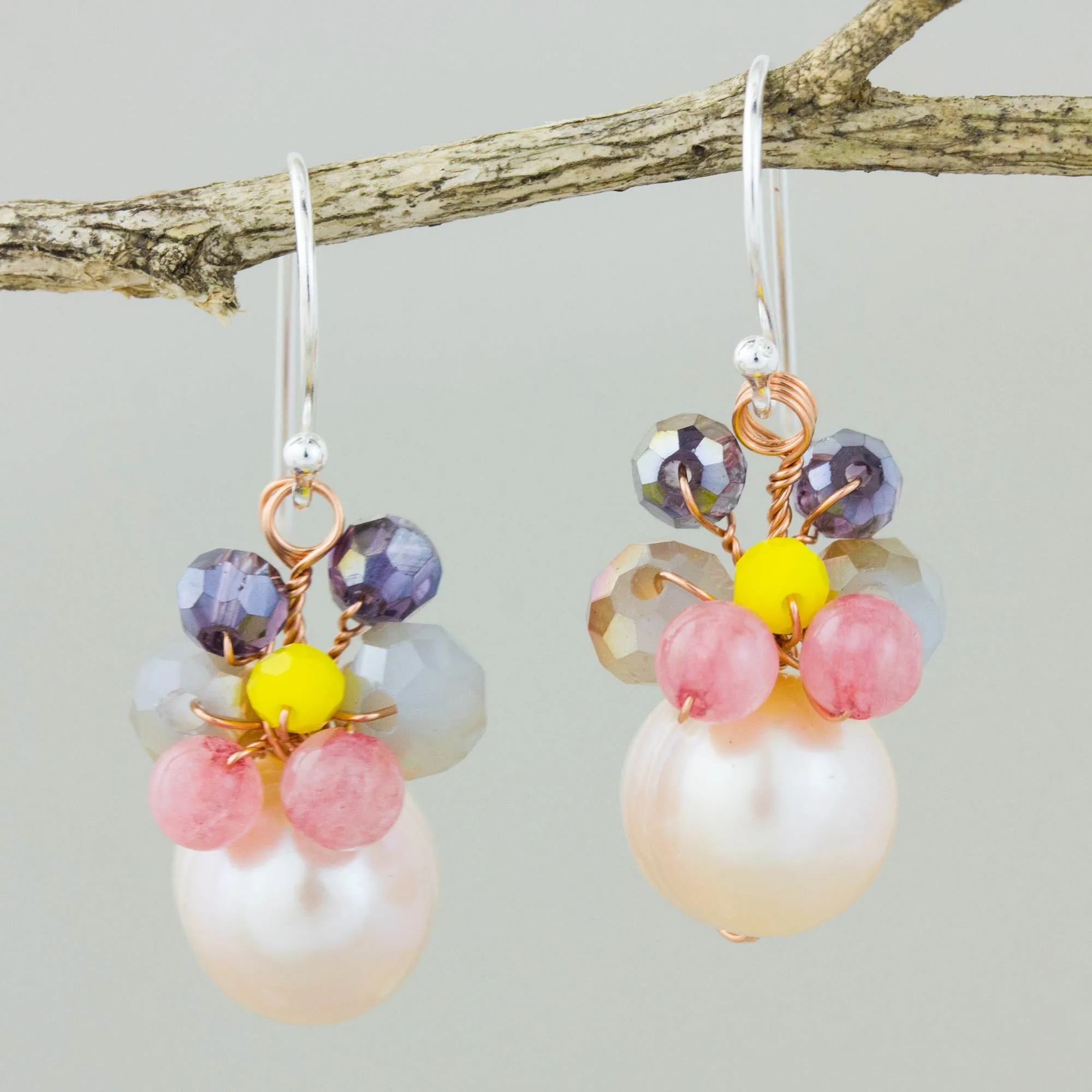 Pink Cultured Pearl Dangle Earrings with Butterfly Motif - Butterfly Party in Pink | NOVICA