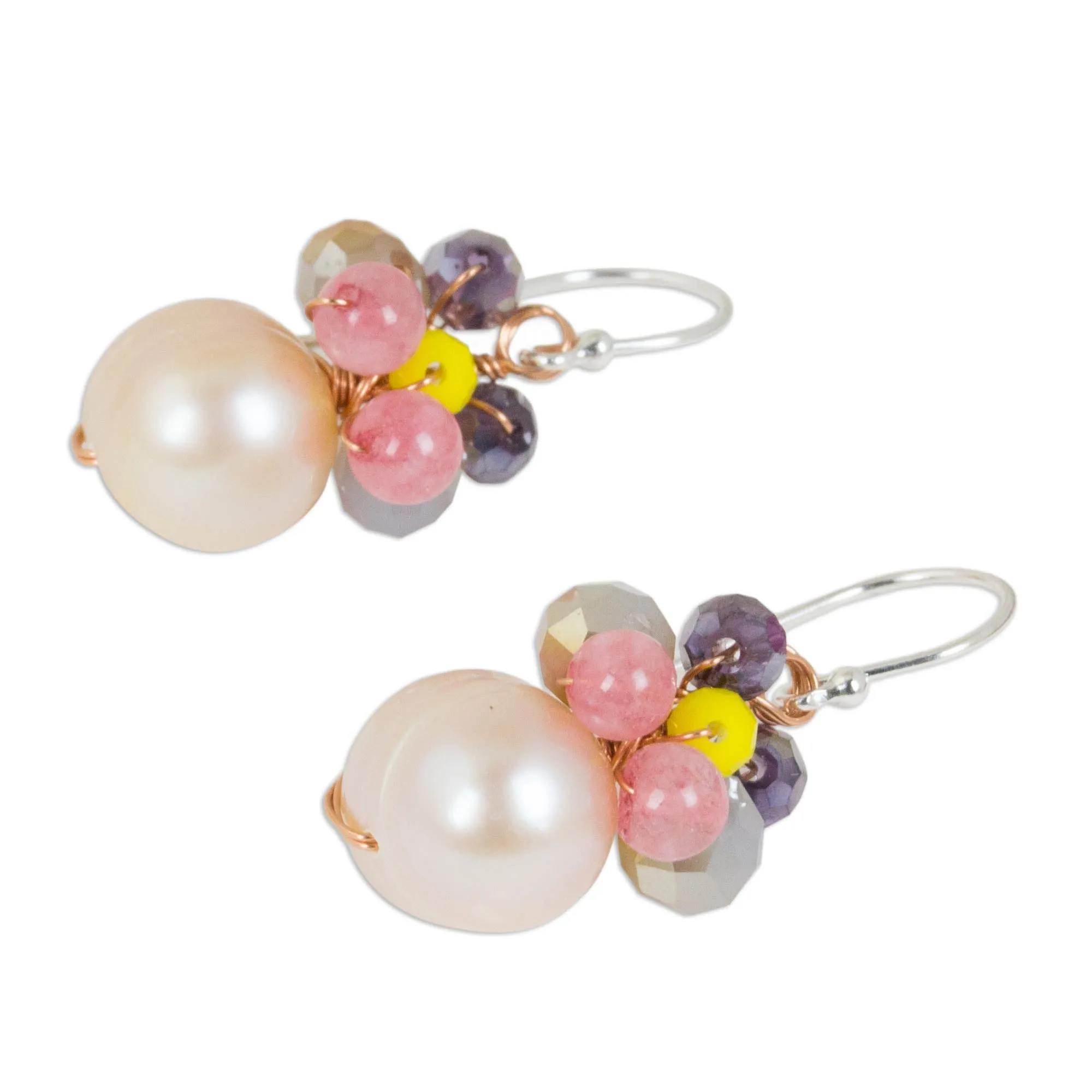 Pink Cultured Pearl Dangle Earrings with Butterfly Motif - Butterfly Party in Pink | NOVICA