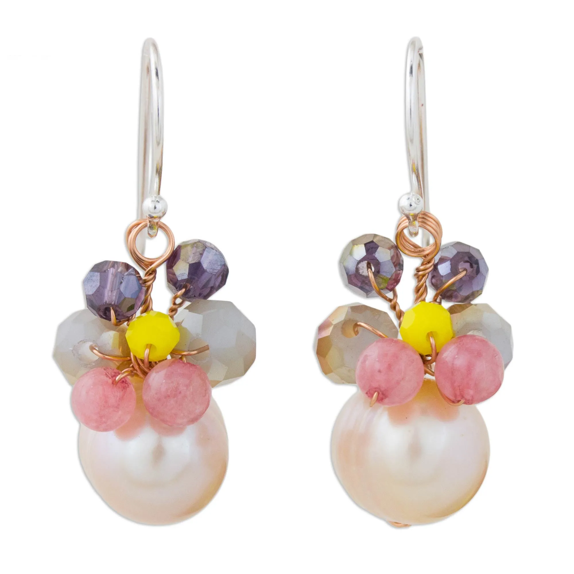 Pink Cultured Pearl Dangle Earrings with Butterfly Motif - Butterfly Party in Pink | NOVICA