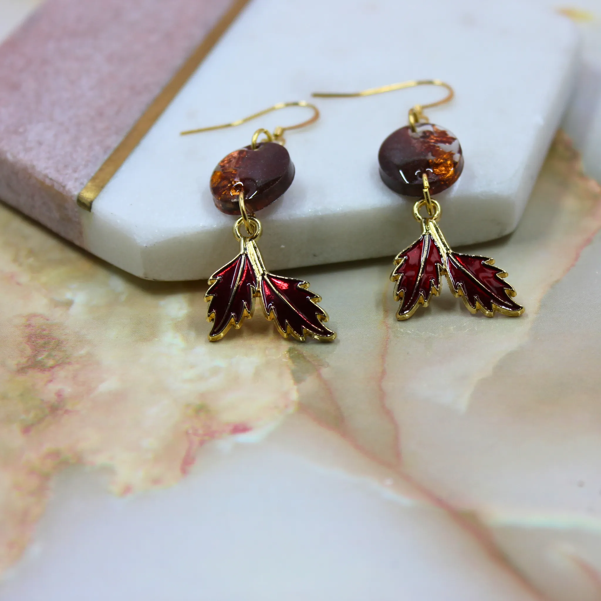 "Amber" Brown Amber Oval Shaped Resin Dangle Earrings with Red Leaf Charm