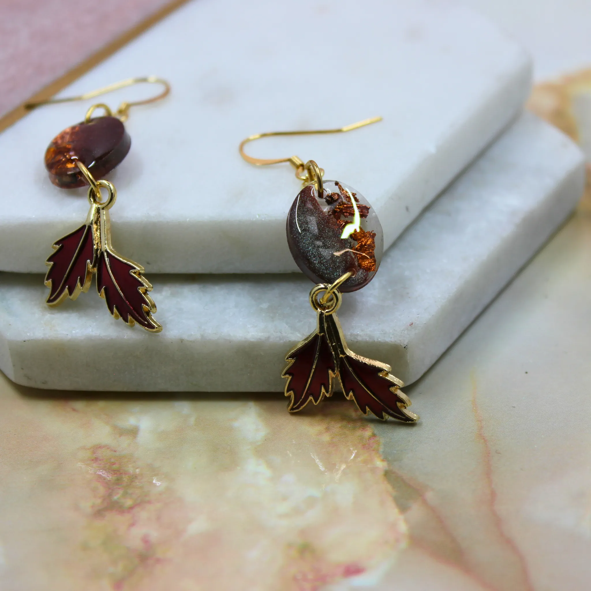 "Amber" Brown Amber Oval Shaped Resin Dangle Earrings with Red Leaf Charm