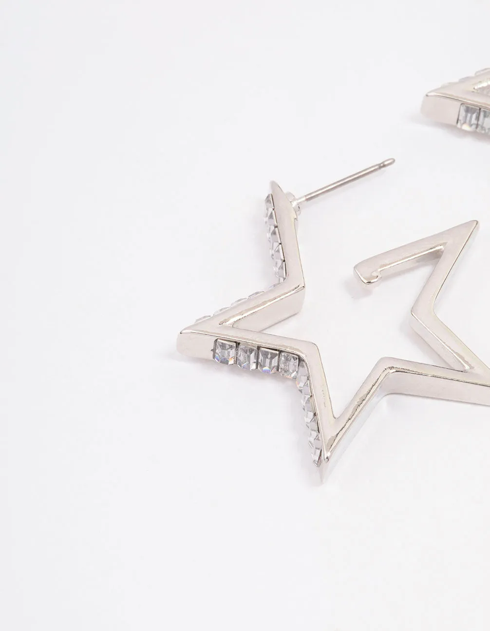 Rhodium Baguette Diamante Star Hoop Earrings