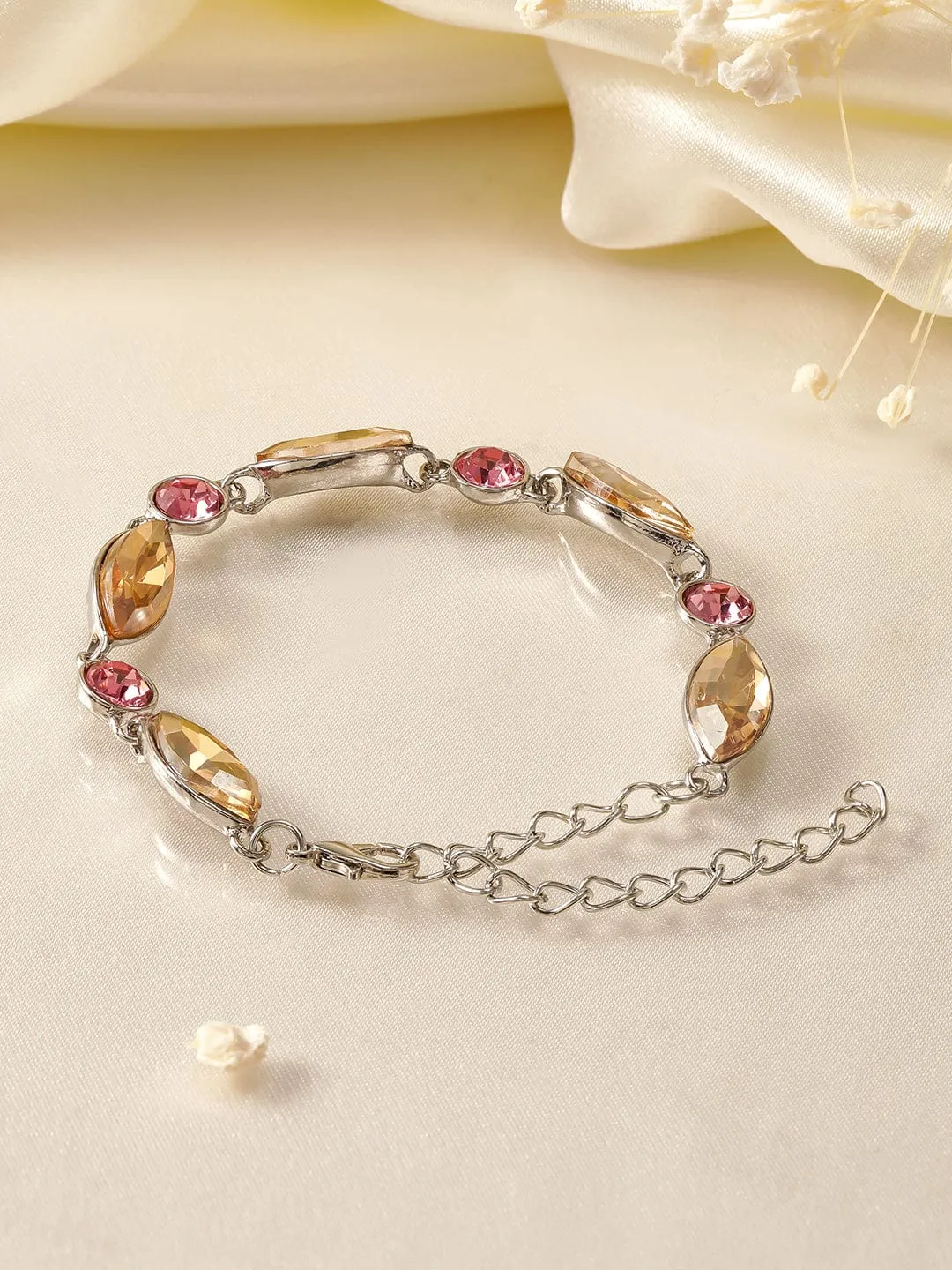 Rubans Rhodium Plated Pink and Light Gold Zicronia Gemstone Link Bracelet