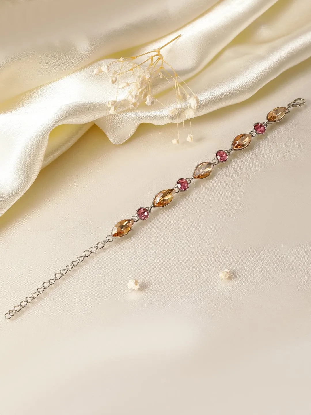 Rubans Rhodium Plated Pink and Light Gold Zicronia Gemstone Link Bracelet