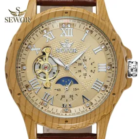 SEWOR 2018 New design Imitation wood metal Tourbillion Moon phase men's automatic mechanical watch C320