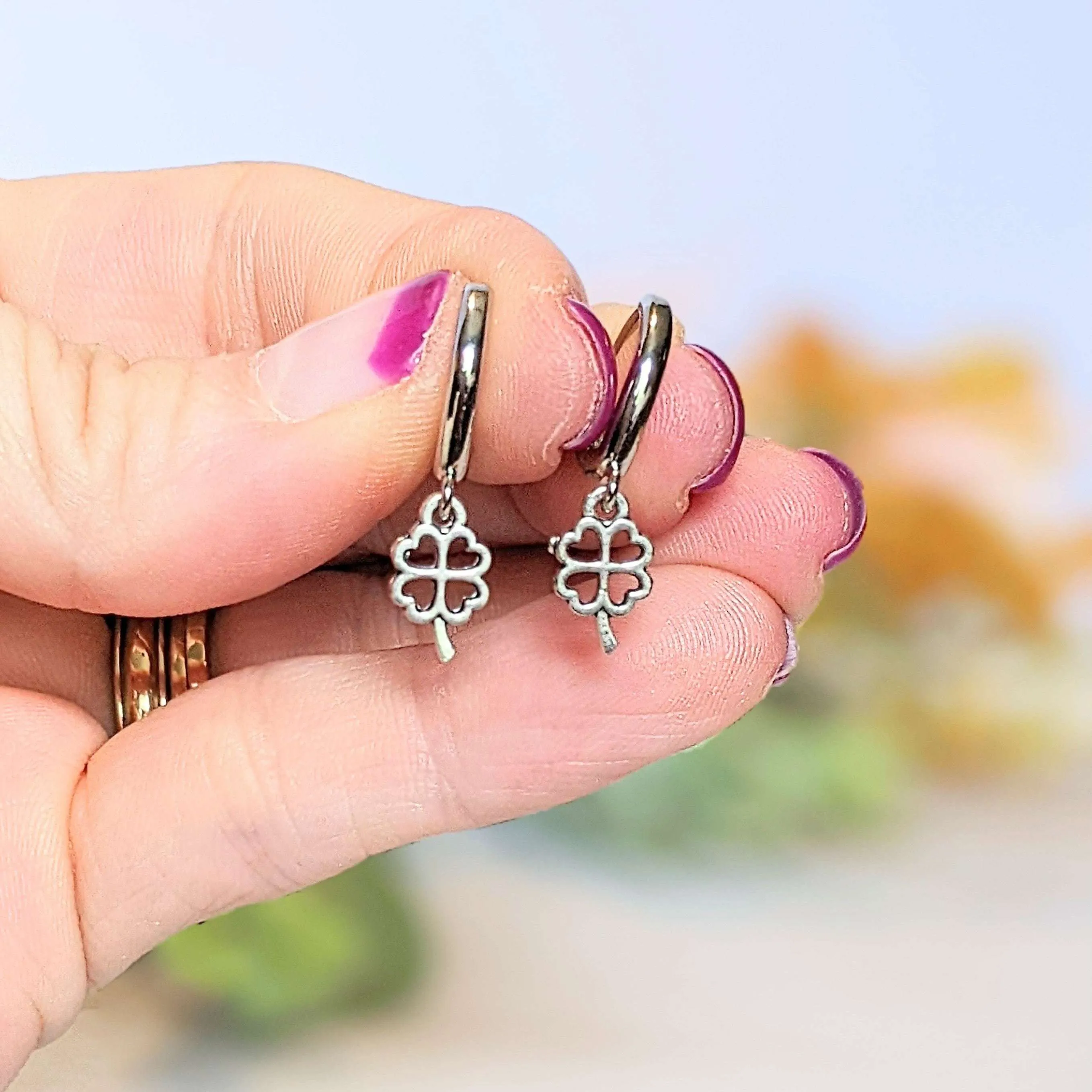 Silver 4 Leaf Clover Huggie Hoop earrings, 15mm Hoop Drop