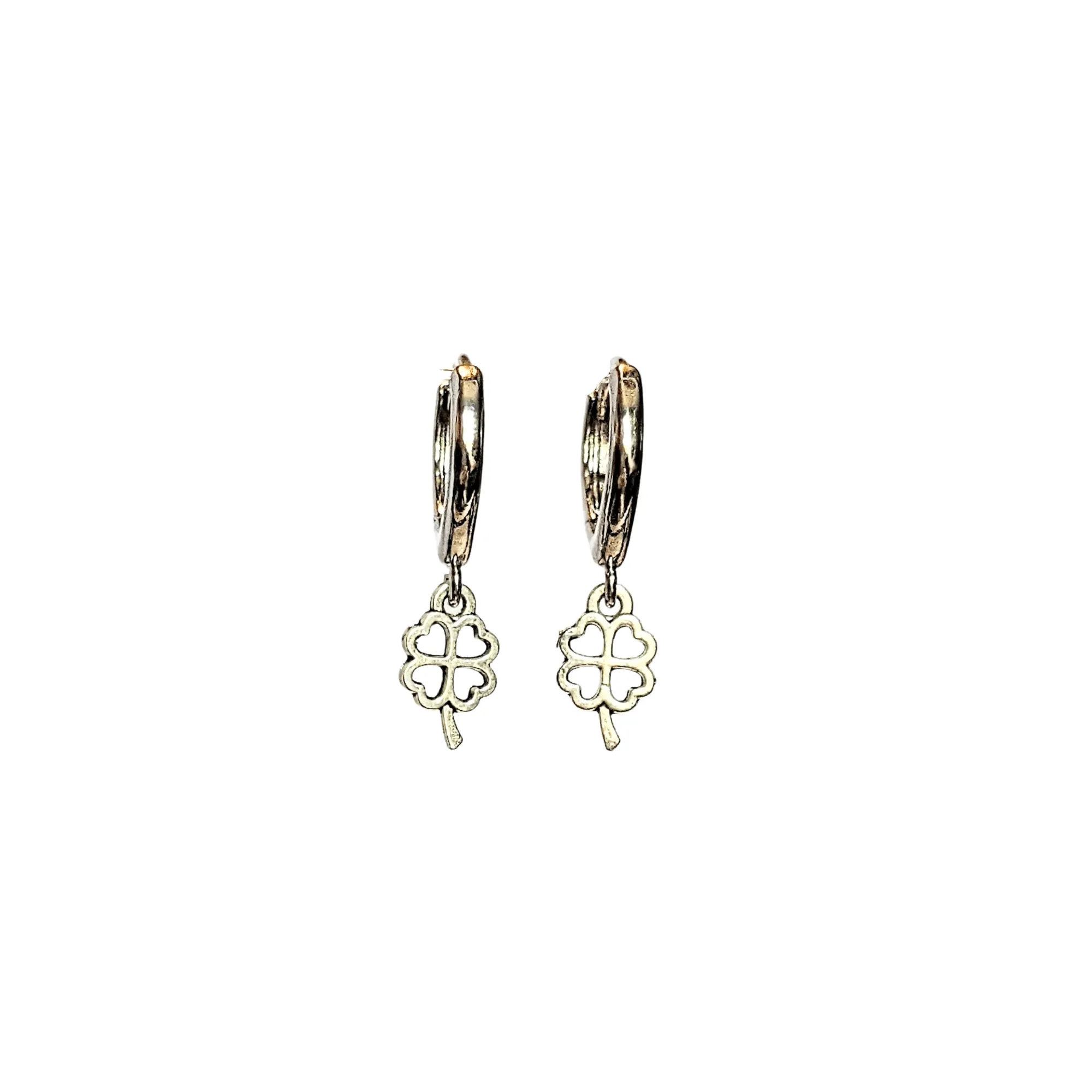 Silver 4 Leaf Clover Huggie Hoop earrings, 15mm Hoop Drop