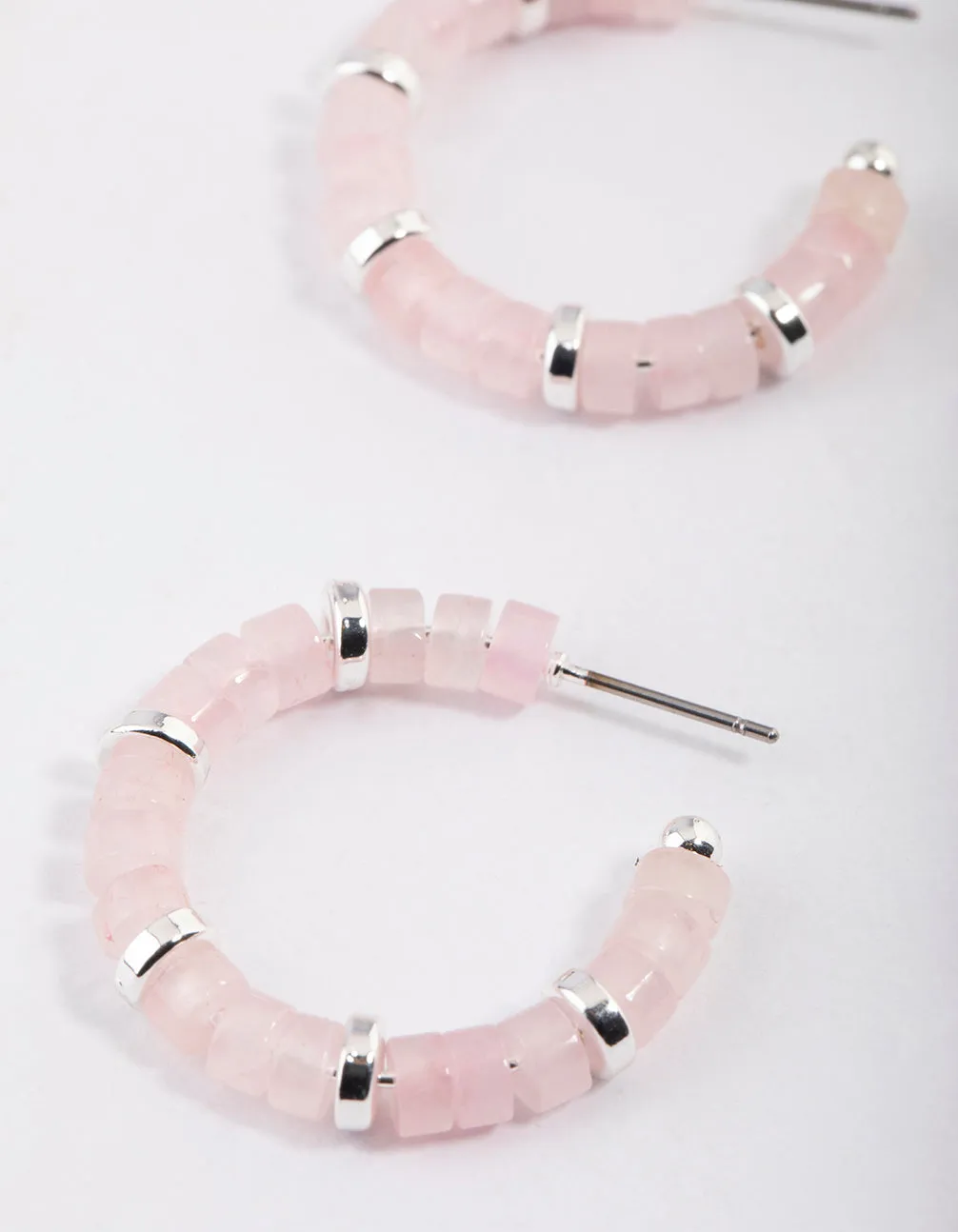 Silver Rose Quartz Mixed Disc Beaded Hoop Earrings