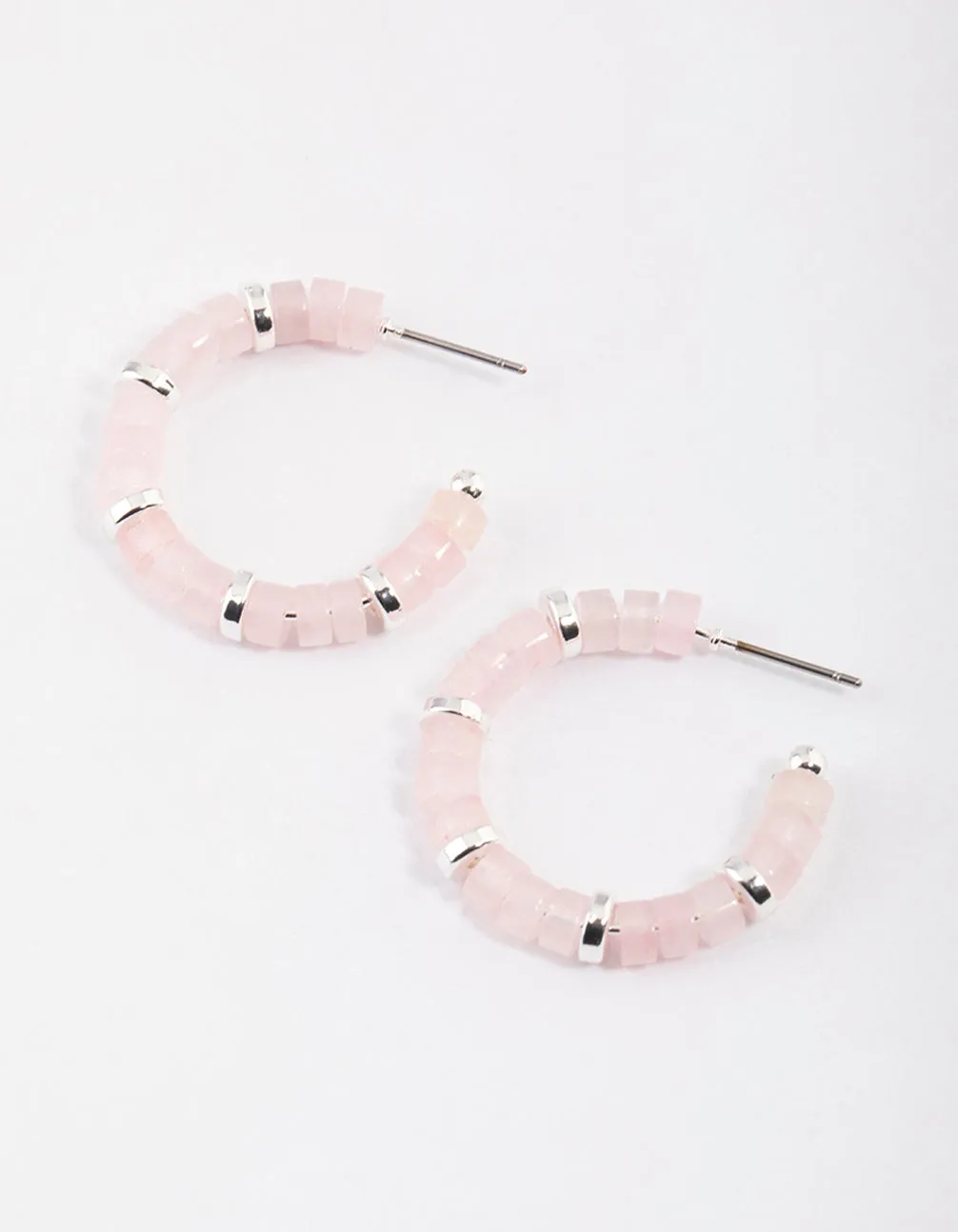 Silver Rose Quartz Mixed Disc Beaded Hoop Earrings