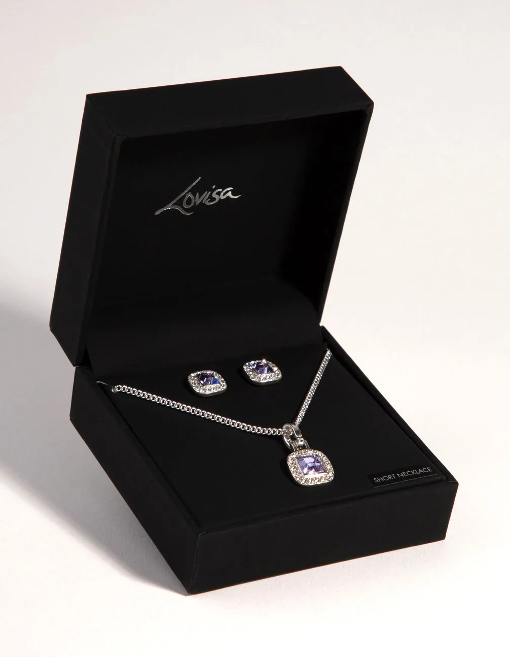 Silver Square Cut Diamante Necklace & Earrings Set