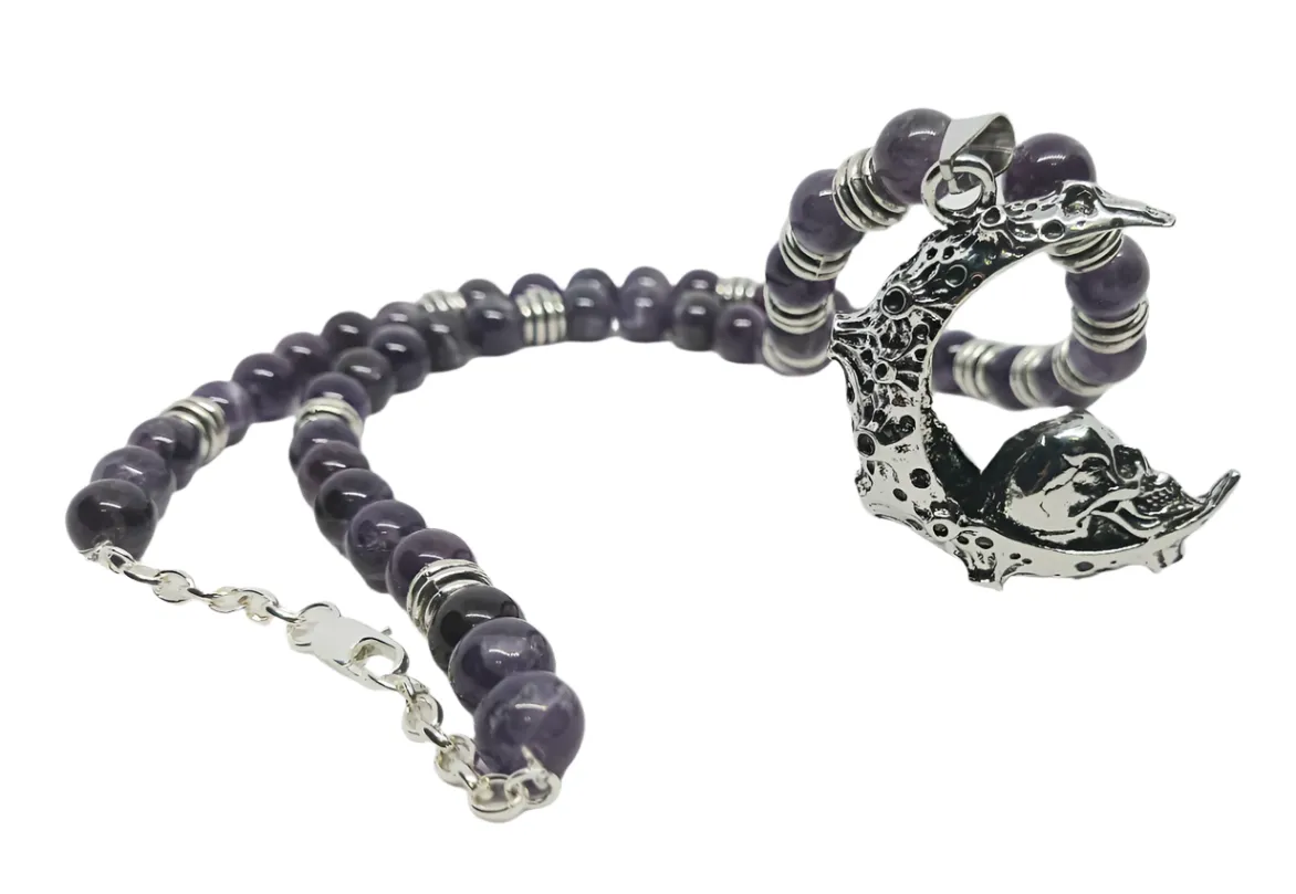 Skull in Moon Necklace with Dream Amethyst Crystal