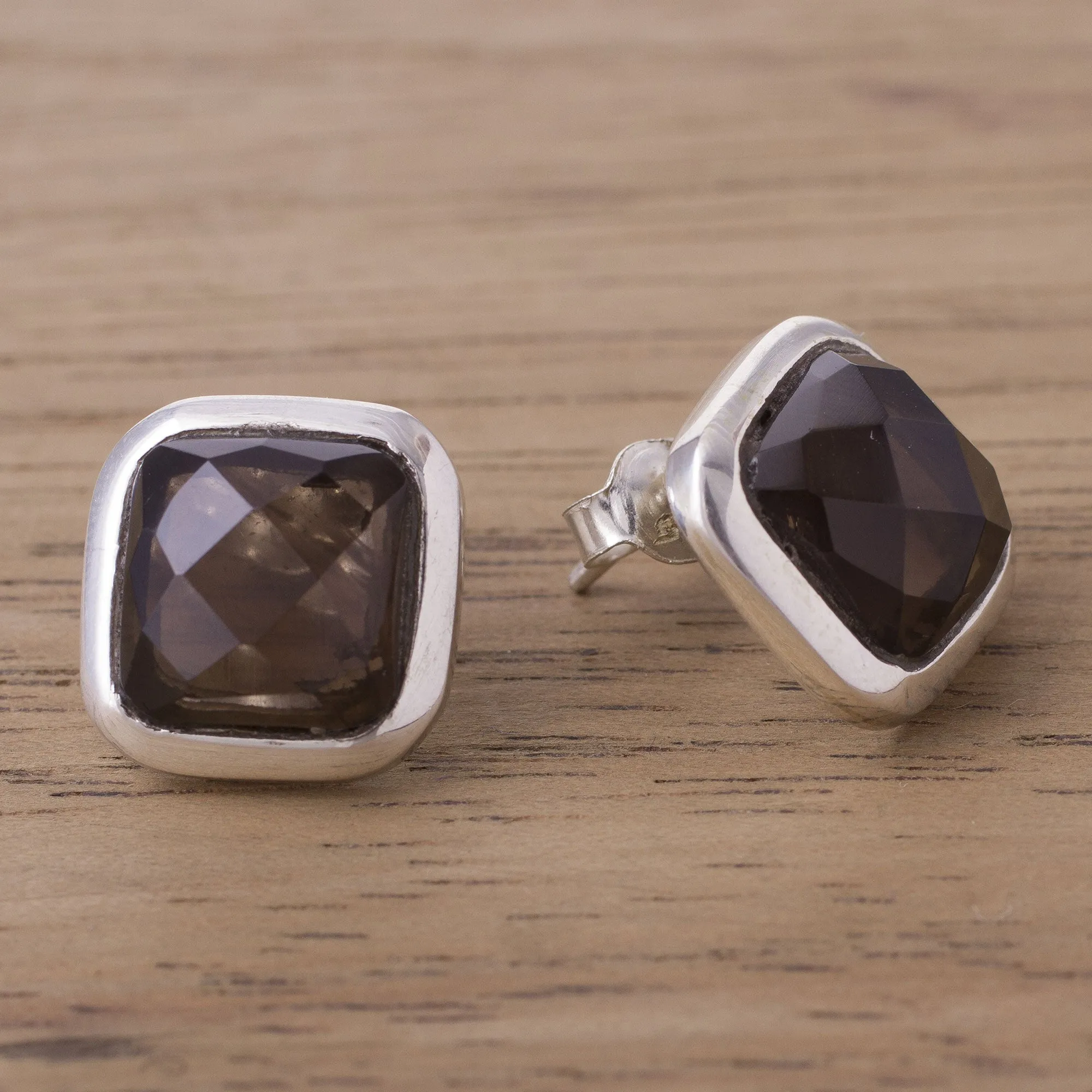 Square Treasures Square Smoky Quartz Button Earrings from Peru