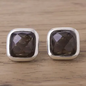 Square Treasures Square Smoky Quartz Button Earrings from Peru