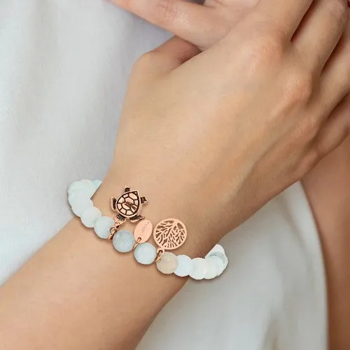 Stainless Steel Rose Gold Turtle & Tree of Life Charm Grey Jade Stretch Bracelet