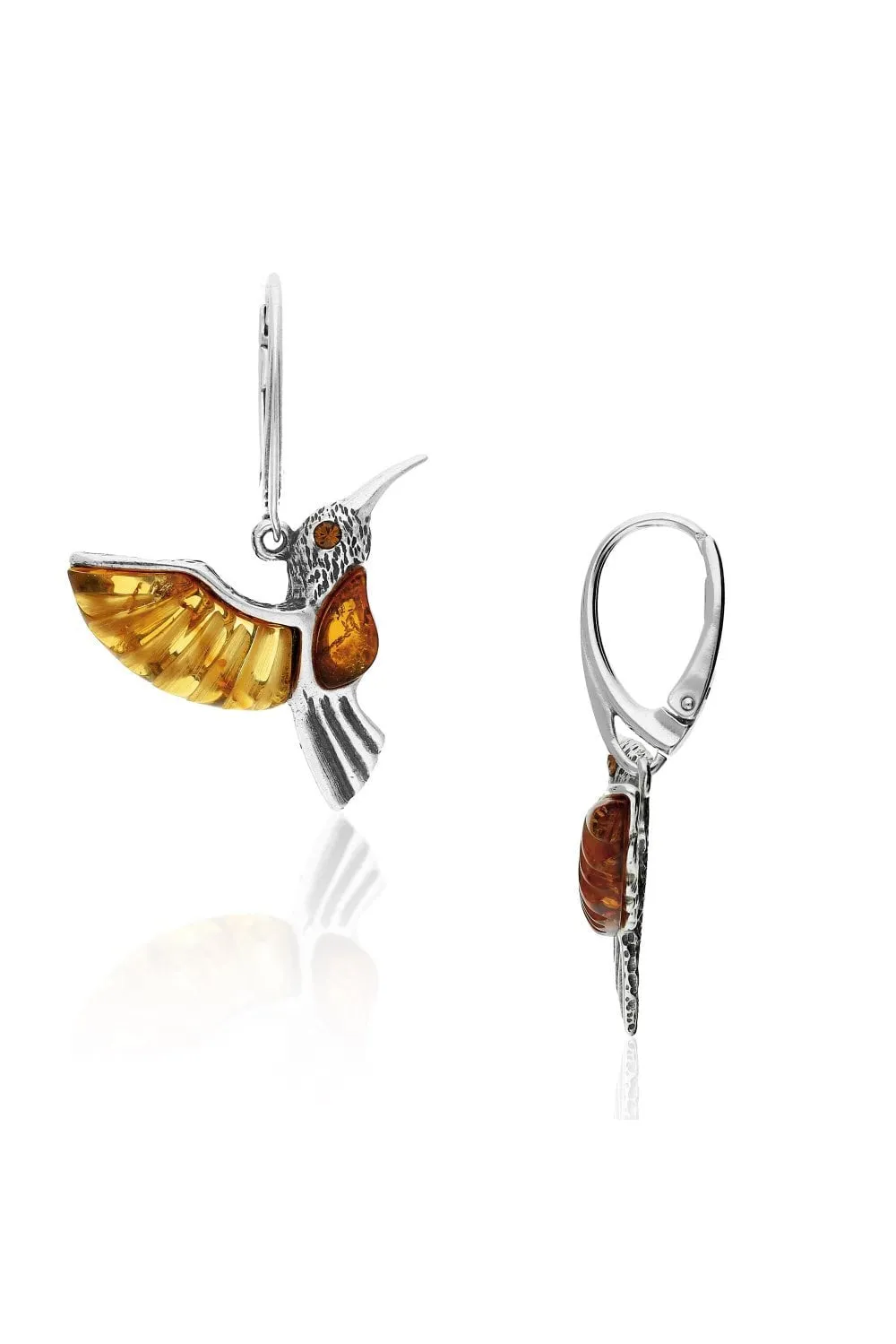 Sterling Silver Amber Hummingbird Drop Earrings