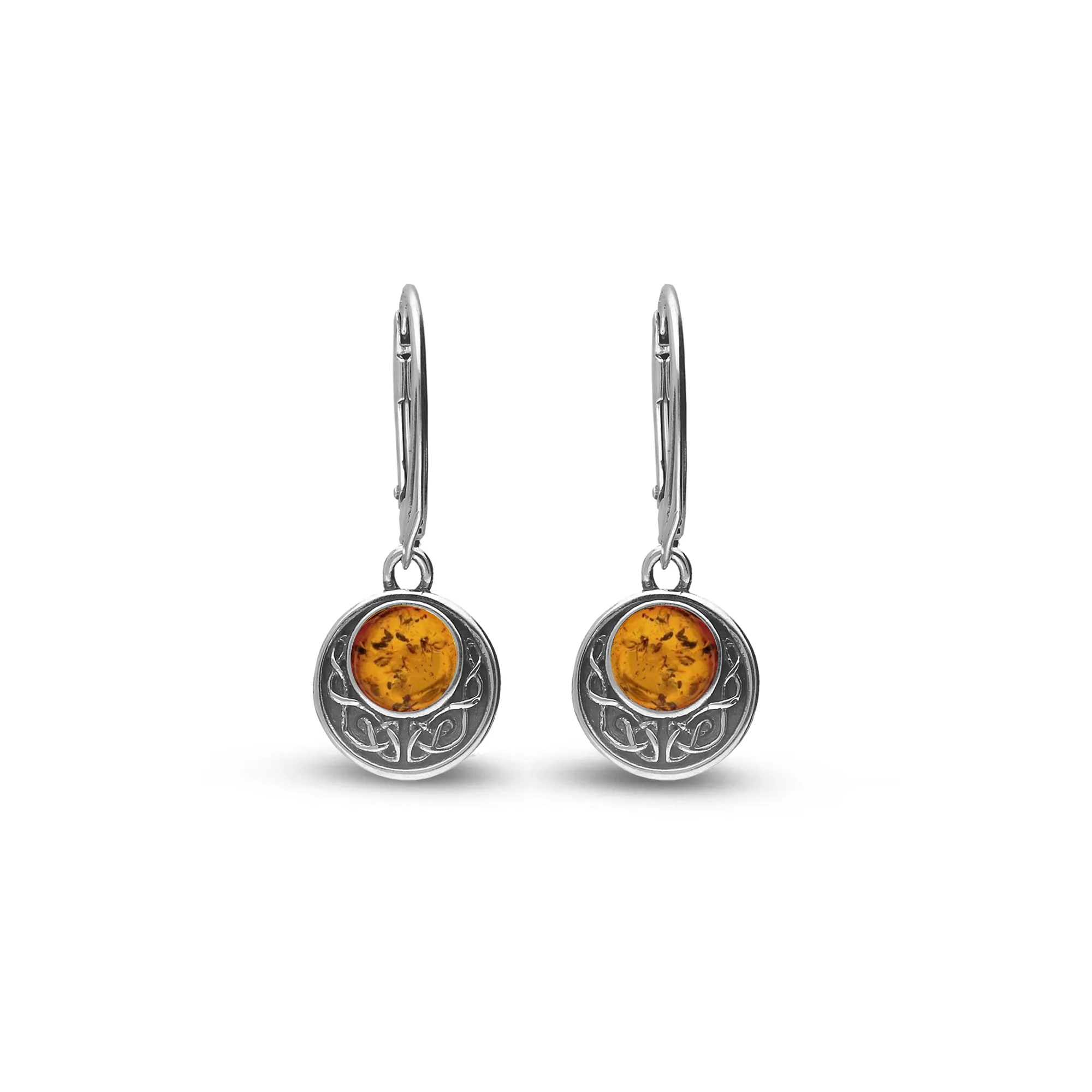 Sterling Silver Amber Oxidised Celtic Disc Drop Earrings