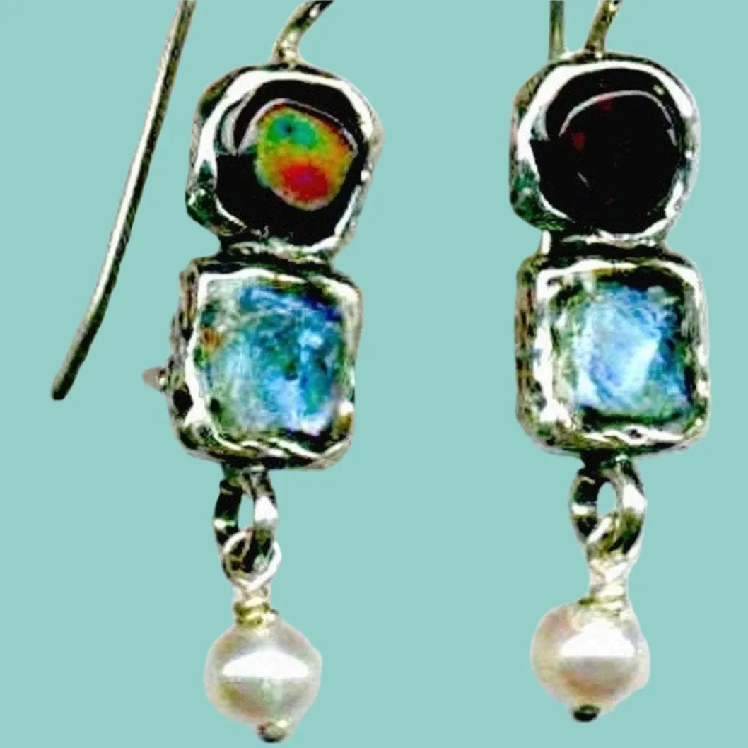 Sterling Silver Earrings, Roman Glass Earrings, Gemstones Earrings, sterling silver jewelry.