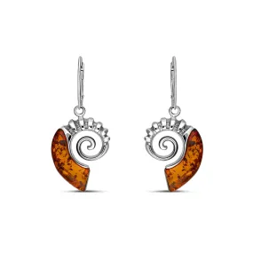 Sterling Silver Large Amber Ammonite Drop Earrings