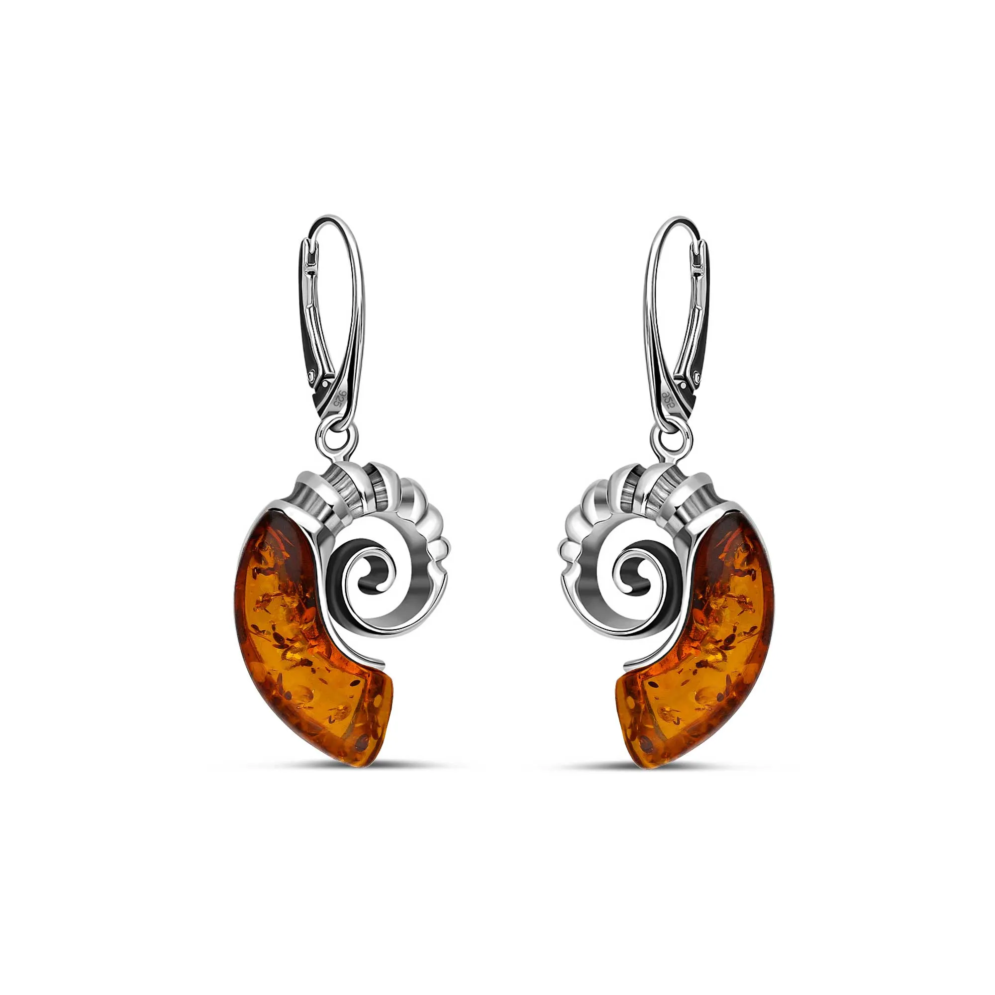 Sterling Silver Large Amber Ammonite Drop Earrings