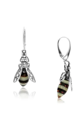 Sterling Silver Large Amber Bee Drop Earrings