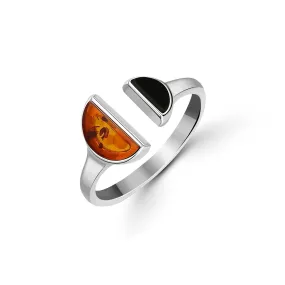 Sterling Silver Whitby Jet & Amber Half Circle Ring