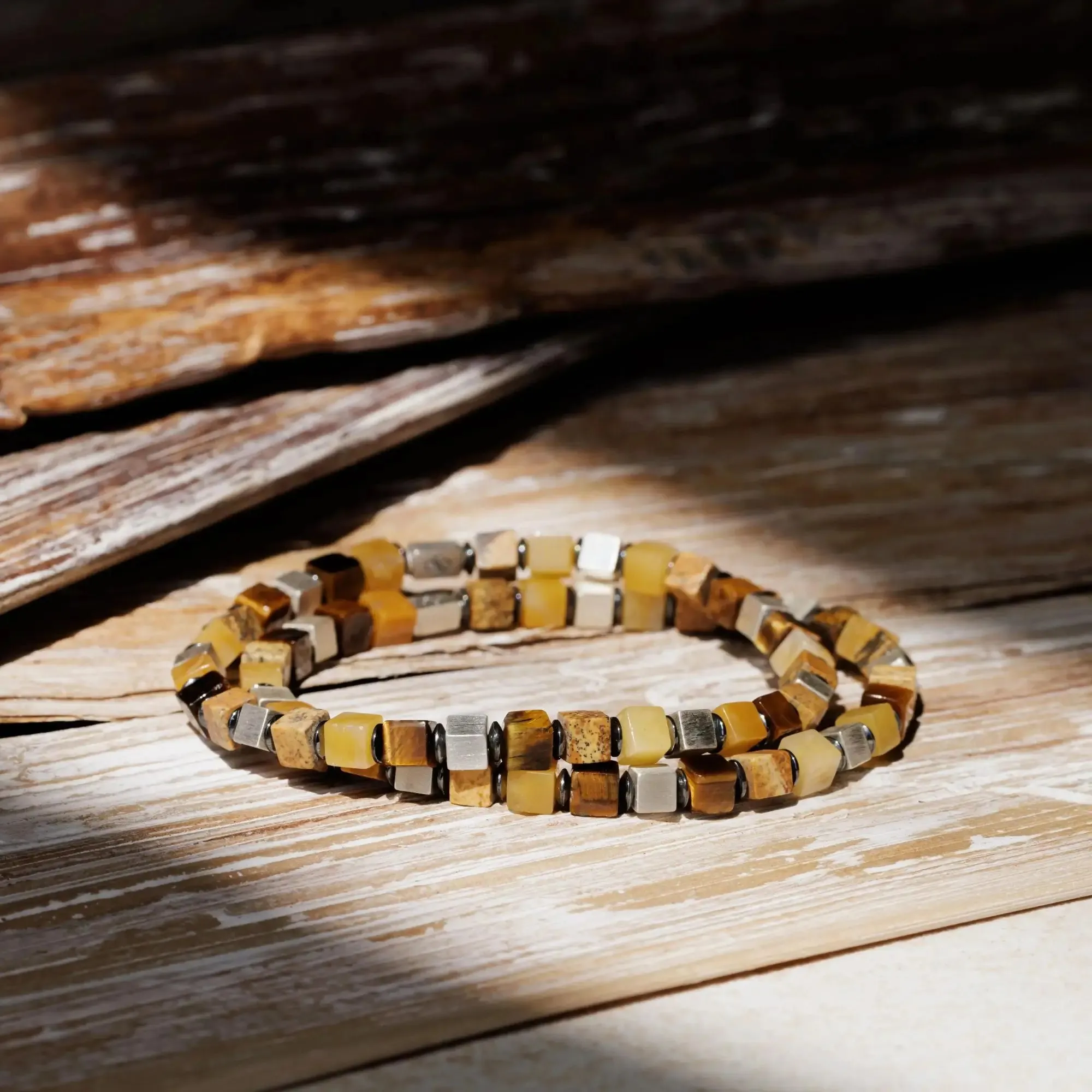 Tiger Eye-Landscape Jasper-Yellow Jade Cube Bracelet I (4mm)