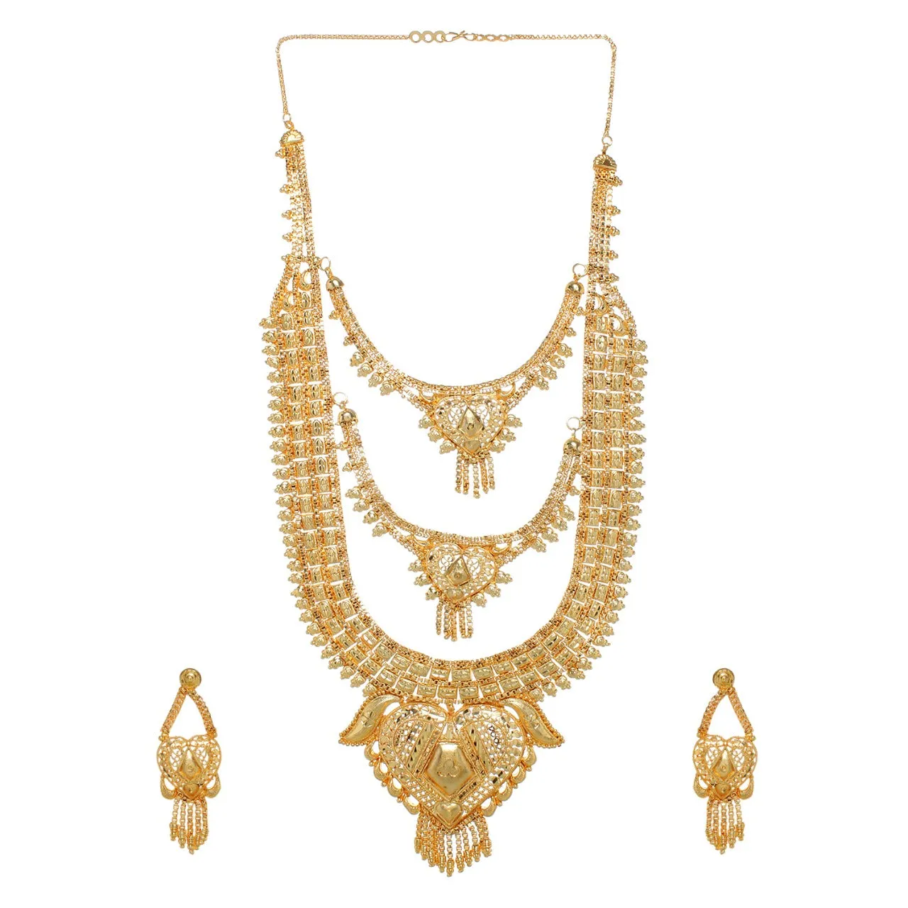 Traditional Golden Plated Multiple Chain Style Necklace Set for Women and Girls