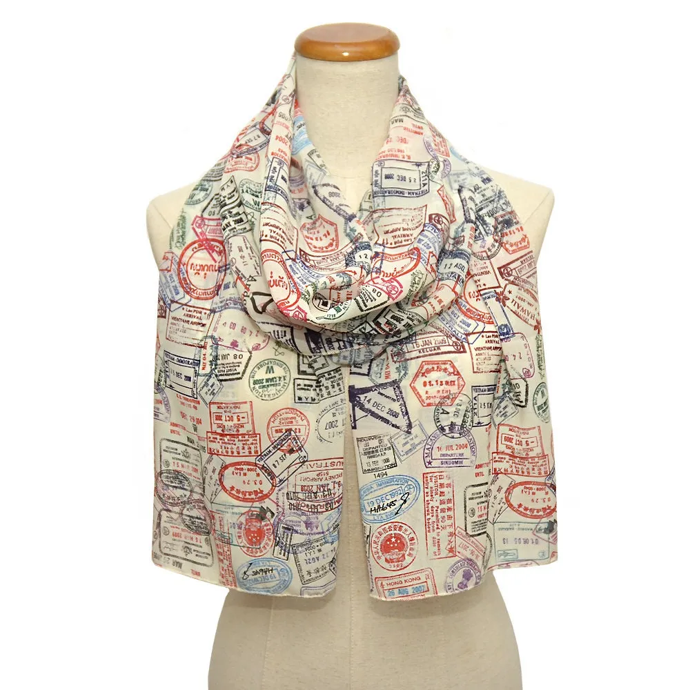 Traveler Chiffon Scarf.Light Chiffon scarf with Passport stamps.Flight attendant gift,Travel Agent gift.Spring Summer  scarf,light scarf.