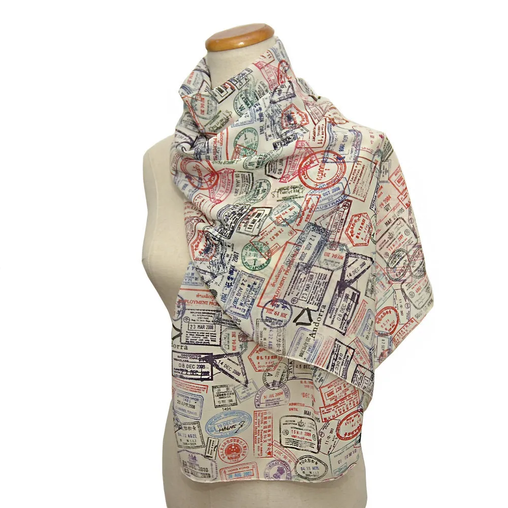 Traveler Chiffon Scarf.Light Chiffon scarf with Passport stamps.Flight attendant gift,Travel Agent gift.Spring Summer  scarf,light scarf.