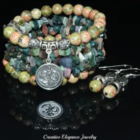 Unakite And Indian Agate Gemstone, Charms Cuff Wrap Bracelet And Earrings Set.