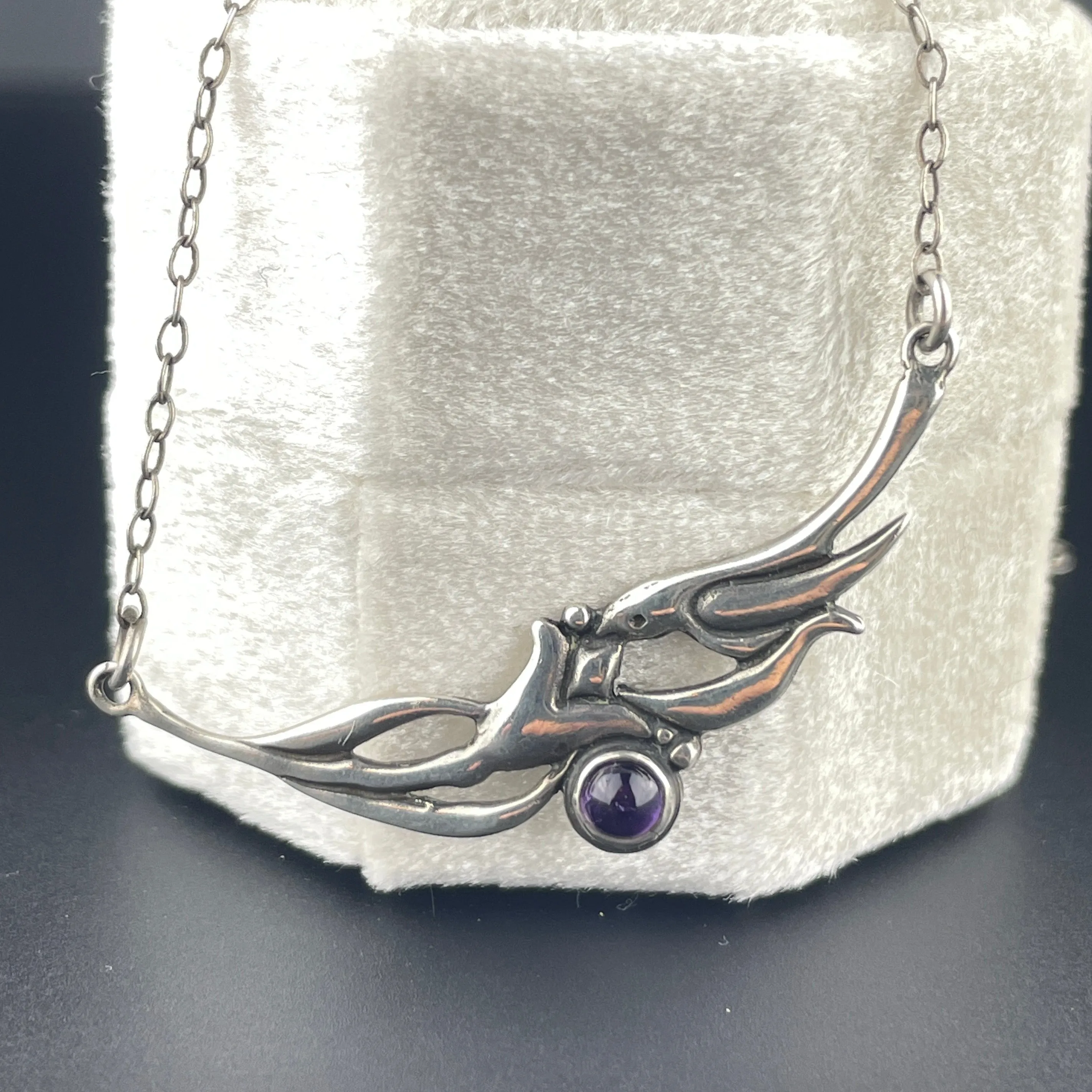 Vintage Silver Amethyst Swallow Bird Pendant Necklace