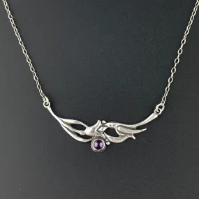 Vintage Silver Amethyst Swallow Bird Pendant Necklace