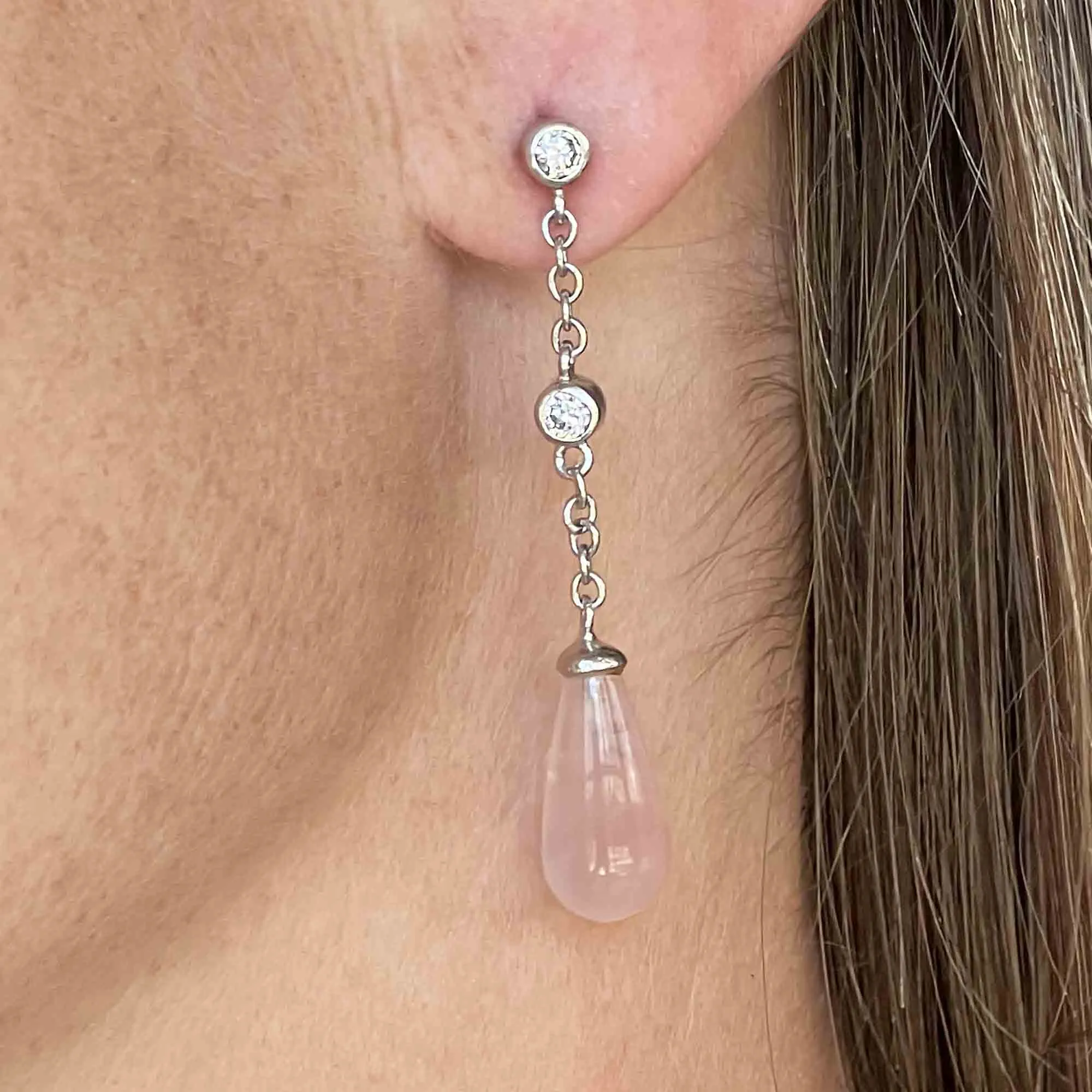 Vintage Sterling Silver Rose Quartz Chandelier Earrings