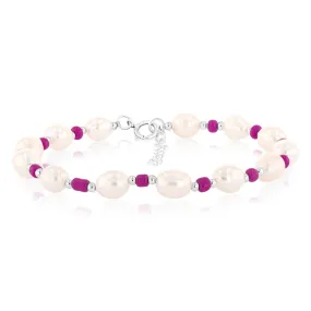 White Freshwater Pearl Bracelet with Pink & Silver Beads in Sterling Silver