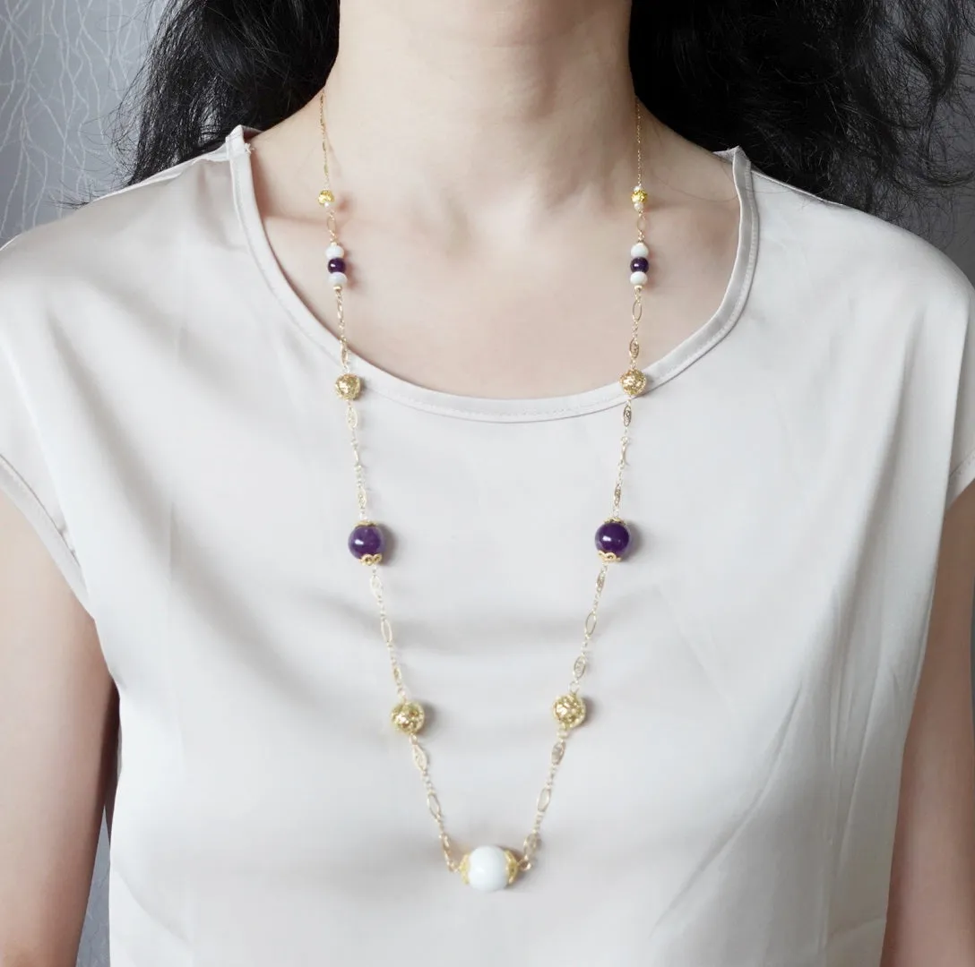 Winter Amethyst and Tridacna Long Chain Necklace