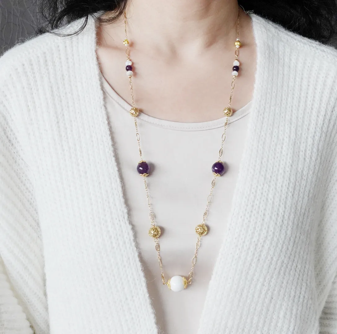 Winter Amethyst and Tridacna Long Chain Necklace